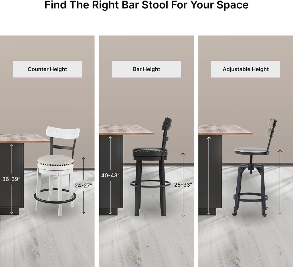 Signature Design by Ashley Valebeck Swivel Counter Height Bar Stool, White | Sturdy 24.5-inch seat with nailhead trim, Farmhouse rustic style featuring linen colored polyester, Smooth 360° rotation