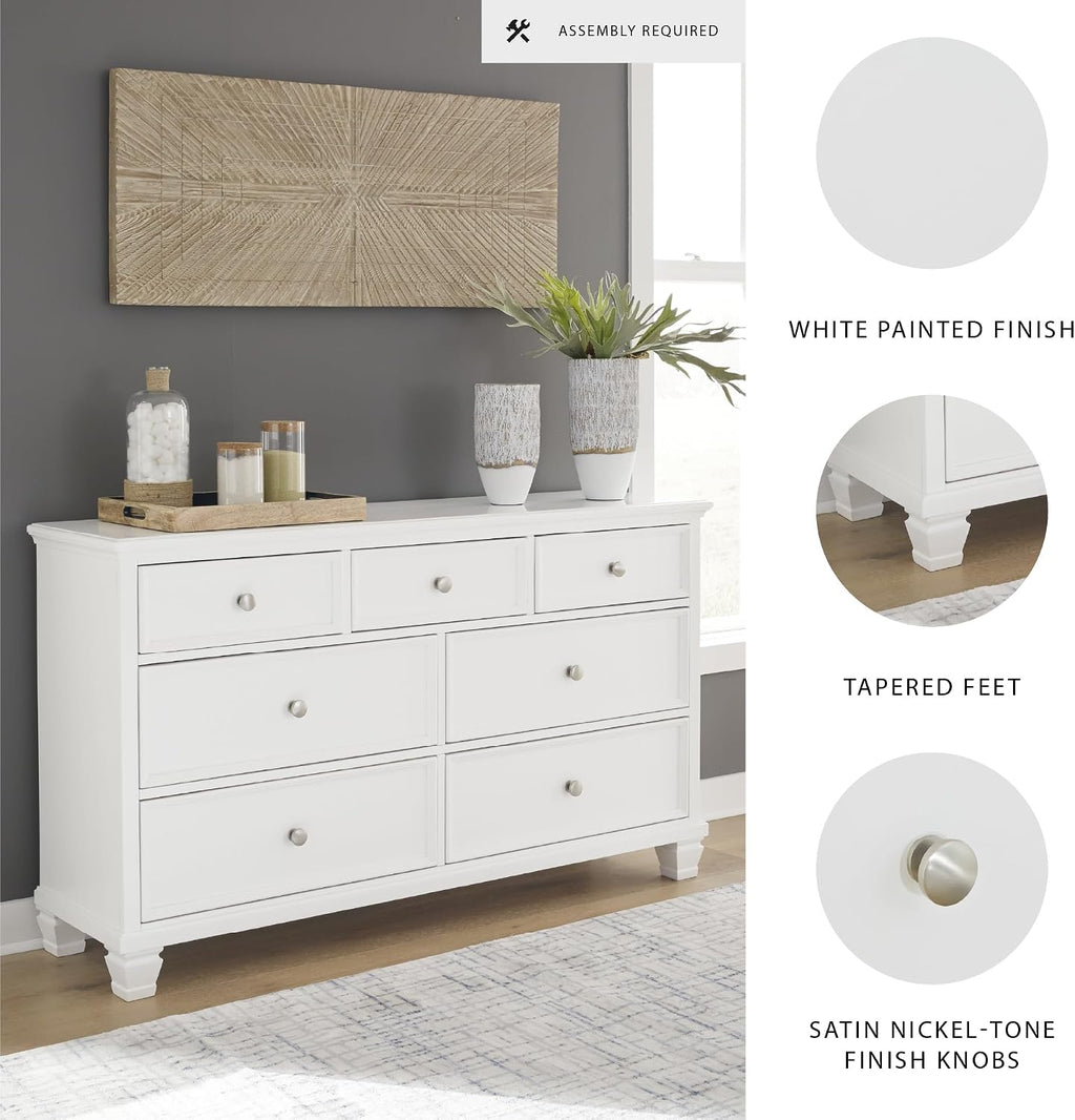 Signature Design by Ashley Fortman White 7-Drawer Wide Dresser for Bedroom | Painted wood chest, Tapered feet, Smooth ball-bearing glides, Durable hardwood solids and MDF substrate construction