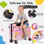 20" Ride On Luggage for Kids,Cute Pattern,Lightweight Hardshell Carry-On Luggage with Double Spinner Wheels,TSA Lock,Circular Handrail,Safety Belt,Foot Pedal,for Boys&Girls,Load Cap. 120 lbs (Pink)