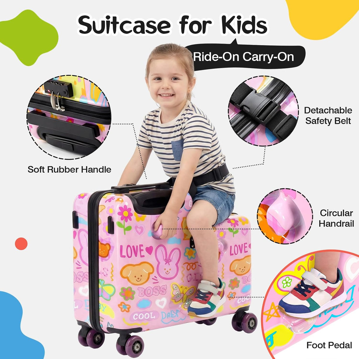 20" Ride On Luggage for Kids,Cute Pattern,Lightweight Hardshell Carry-On Luggage with Double Spinner Wheels,TSA Lock,Circular Handrail,Safety Belt,Foot Pedal,for Boys&Girls,Load Cap. 120 lbs (Pink)