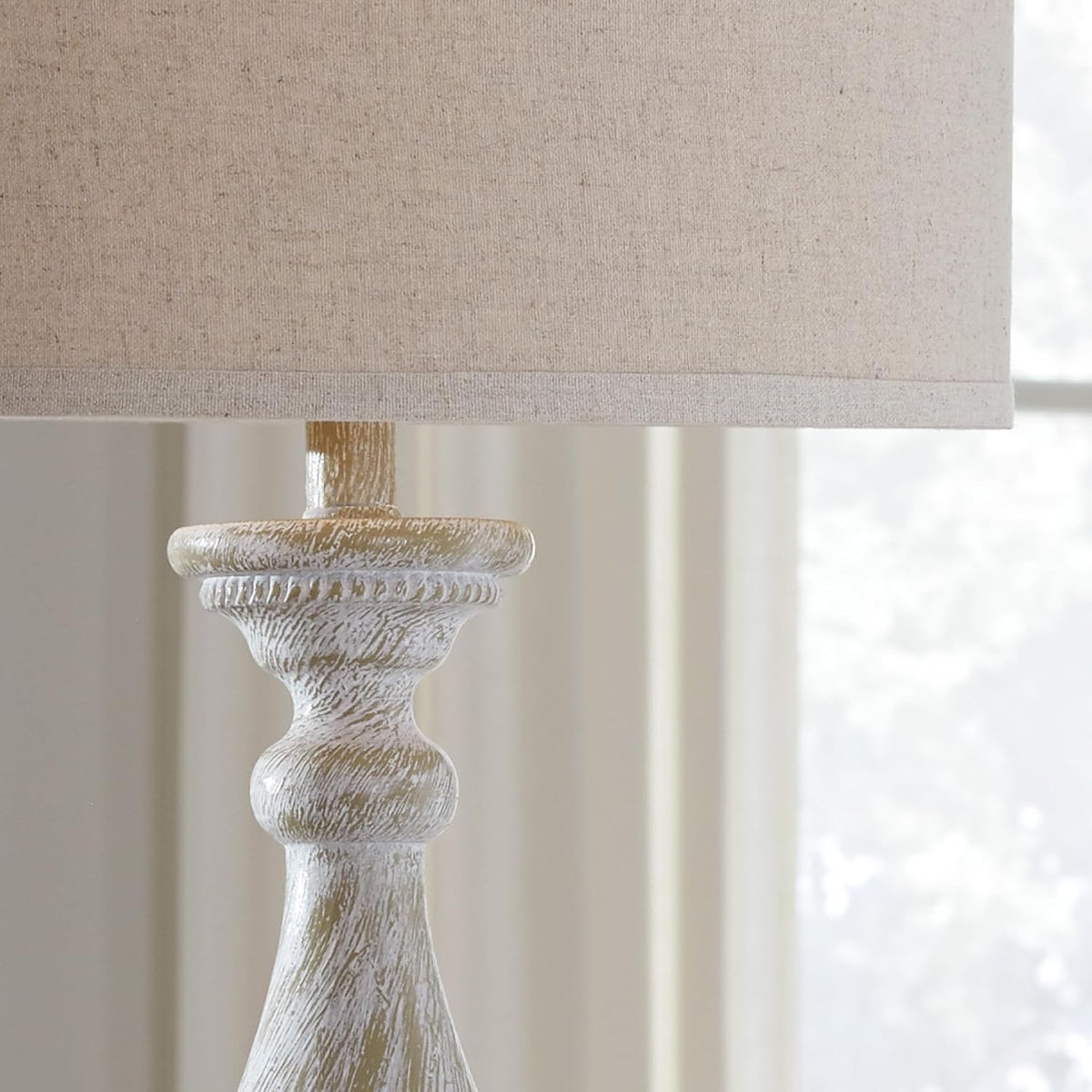 Signature Design by Ashley Table Lamps Set of 2, Tall Farmhouse, Whitewash | Durable 33-inch H cast resin pedestal base, Light fabric drum shade, Farmhouse style for end tables, Bernadate Series