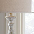 Signature Design by Ashley Table Lamps Set of 2, Tall Farmhouse, Whitewash | Durable 33-inch H cast resin pedestal base, Light fabric drum shade, Farmhouse style for end tables, Bernadate Series