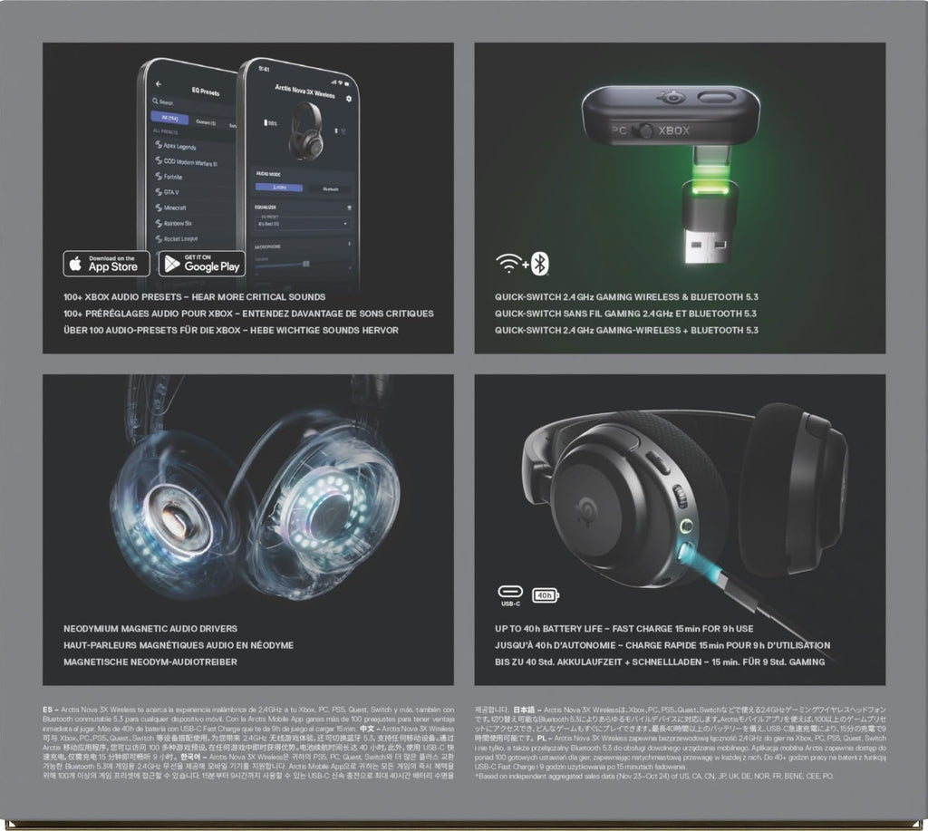 SteelSeries Arctis Nova 3X Wireless - Xbox Headset - Gaming Headset - Mobile App Control - 40 HR Battery with fast charging - Compatible with Xbox, PC, Switch and more - 2.4GHz/Bluetooth - Black