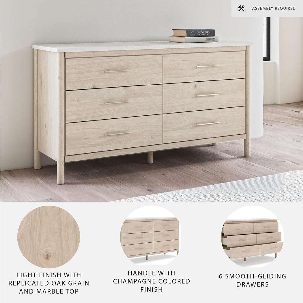 Signature Design by Ashley Cadmori Casual Bohemian Dresser with Post Legs and 6 Drawers, Replicated Marble Top, Wood, 35" High, White and Light Brown Finish