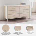 Signature Design by Ashley Cadmori Casual Bohemian Dresser with Post Legs and 6 Drawers, Replicated Marble Top, Wood, 35" High, White and Light Brown Finish