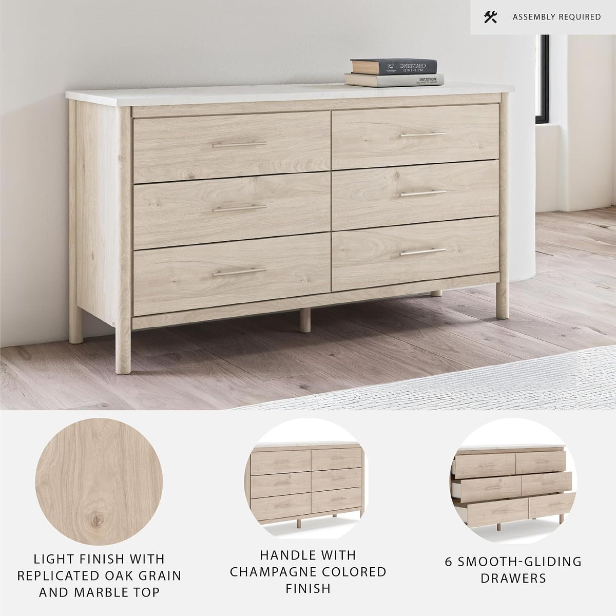 Signature Design by Ashley Cadmori Casual Bohemian Dresser with Post Legs and 6 Drawers, Replicated Marble Top, Wood, 35" High, White and Light Brown Finish