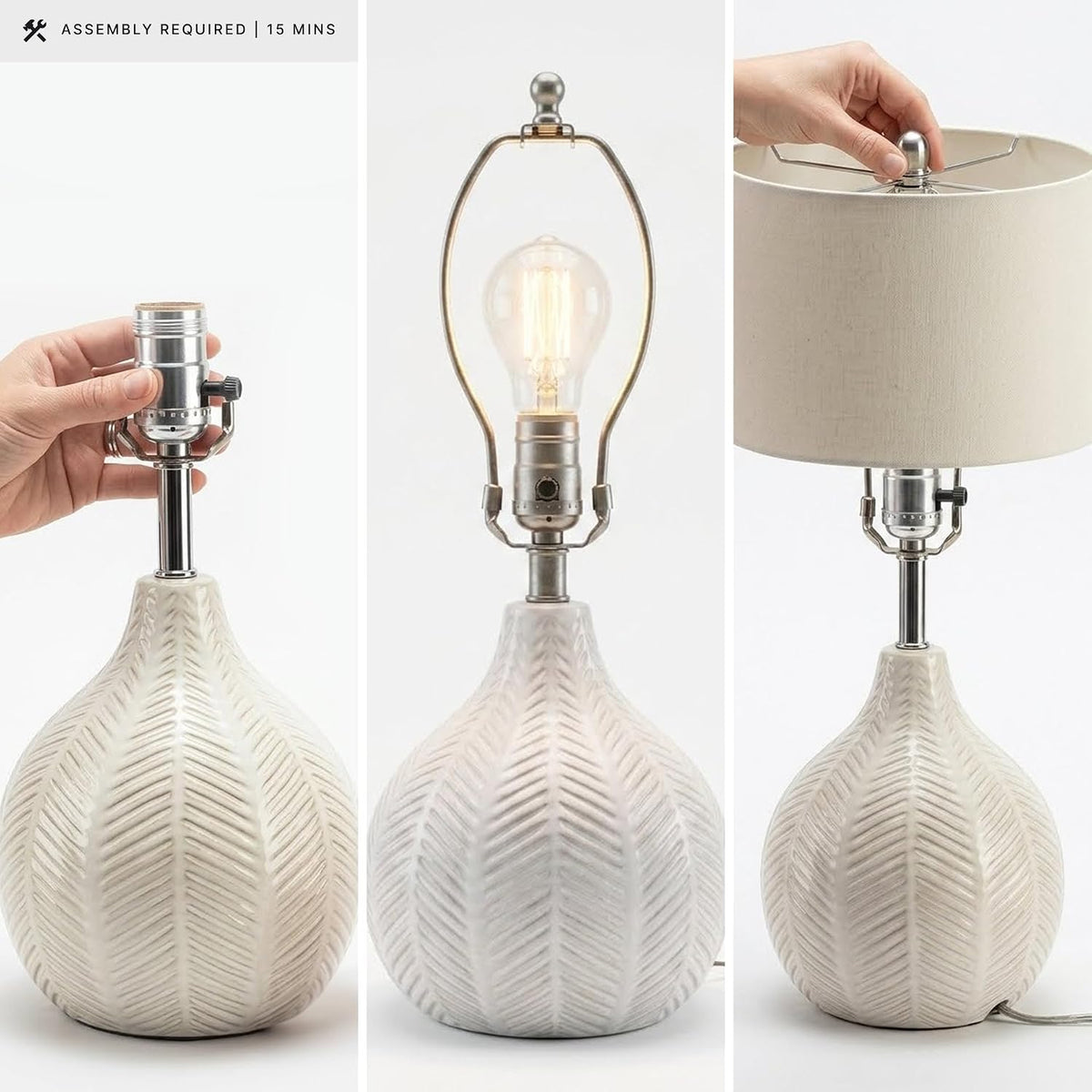 Signature Design by Ashley Rainermen Ceramic Table Lamp, 21", Off White | Textured herringbone base, Transparent white glaze, Hardback fabric drum shade, Bedside use, 92.5-inch cord, E26 socket