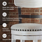 Signature Design by Ashley Valebeck Swivel Counter Height Bar Stool, White | Sturdy 24.5-inch seat with nailhead trim, Farmhouse rustic style featuring linen colored polyester, Smooth 360° rotation