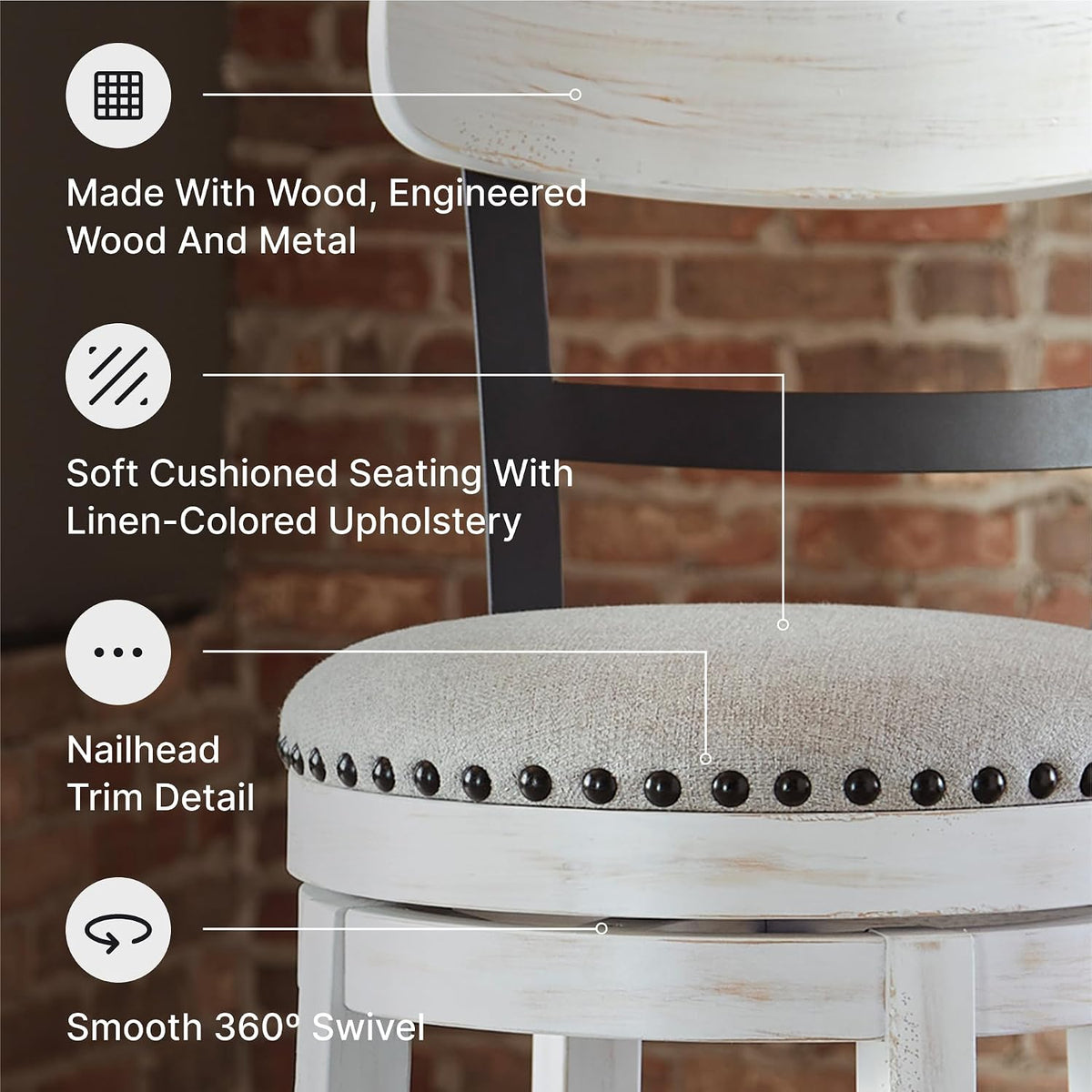 Signature Design by Ashley Valebeck Swivel Counter Height Bar Stool, White | Sturdy 24.5-inch seat with nailhead trim, Farmhouse rustic style featuring linen colored polyester, Smooth 360° rotation