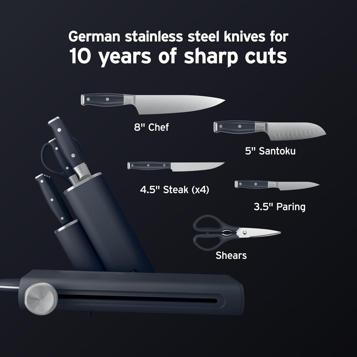 Ninja® NeverDull® 10-Pc German Steel Knife Set, Cyberspace, NK32010BL1 | Stays razor-sharp 10+ years. Premium German steel. Removable sharpener stores in a drawer saving up to 35% more counter space