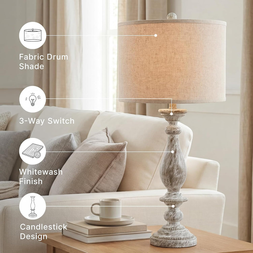 Signature Design by Ashley Table Lamps Set of 2, Tall Farmhouse, Whitewash | Durable 33-inch H cast resin pedestal base, Light fabric drum shade, Farmhouse style for end tables, Bernadate Series