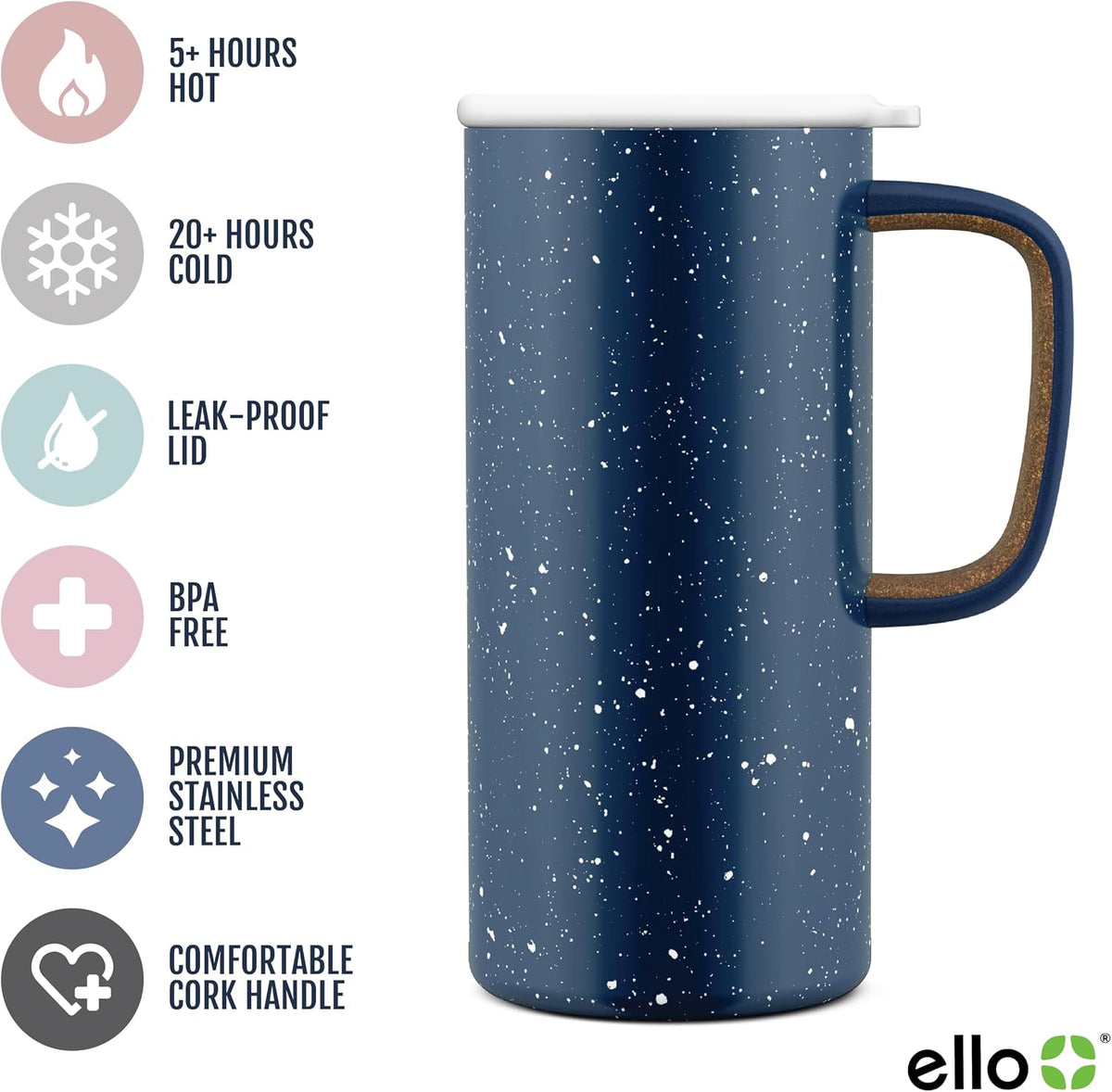 Ello Campy 18oz Insulated Stainless Steel Travel Mug with Handle, Navy