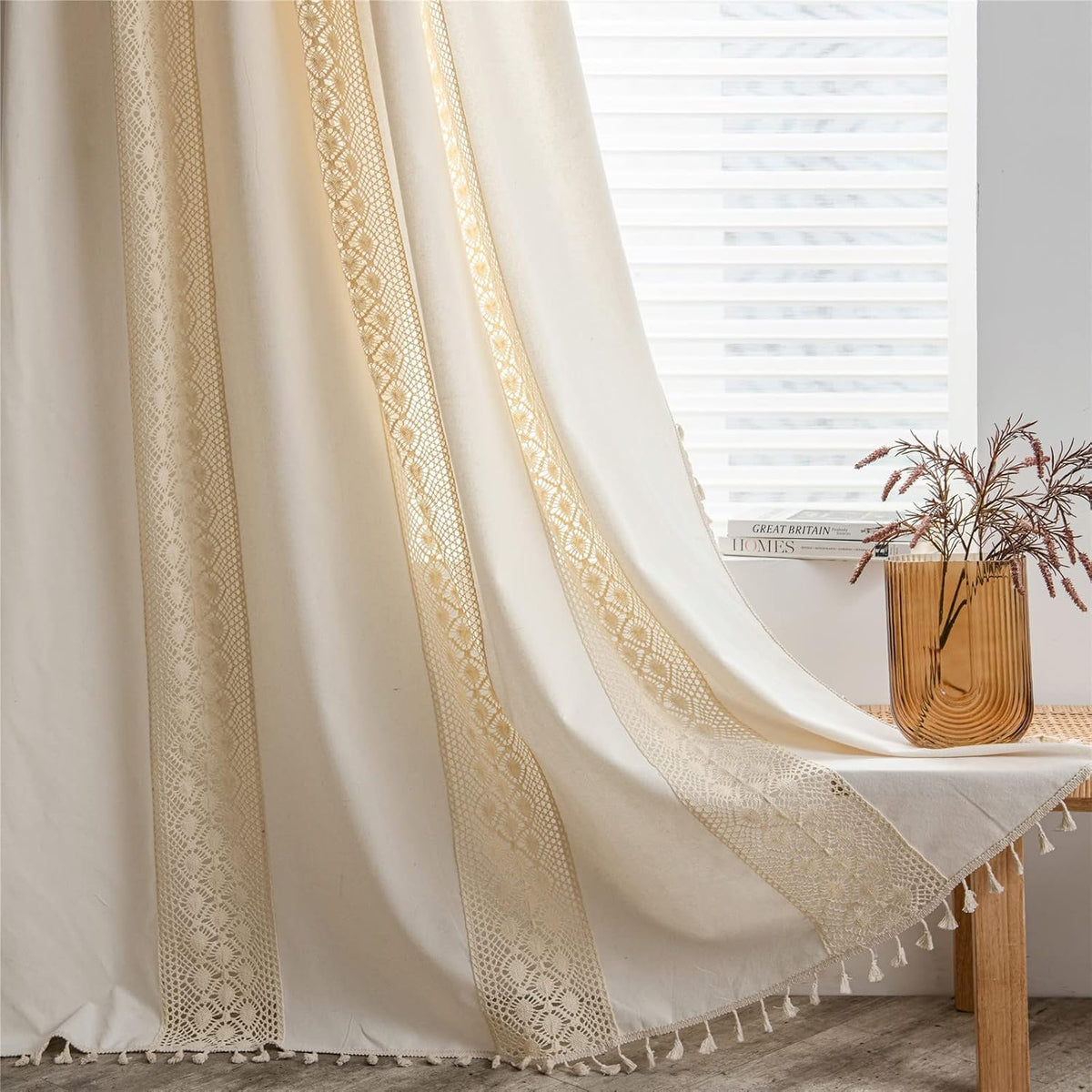 Sutuo Home Boho Curtain Crochet Lace Semi-Sheer Florals Hollow Knitted Handmade Tassels, Rod Pocket Window Treatment Vintage Rustic Farmhouse Drapes for Living Bedroom, 1 Panel 59" W x 84" L, Beige
