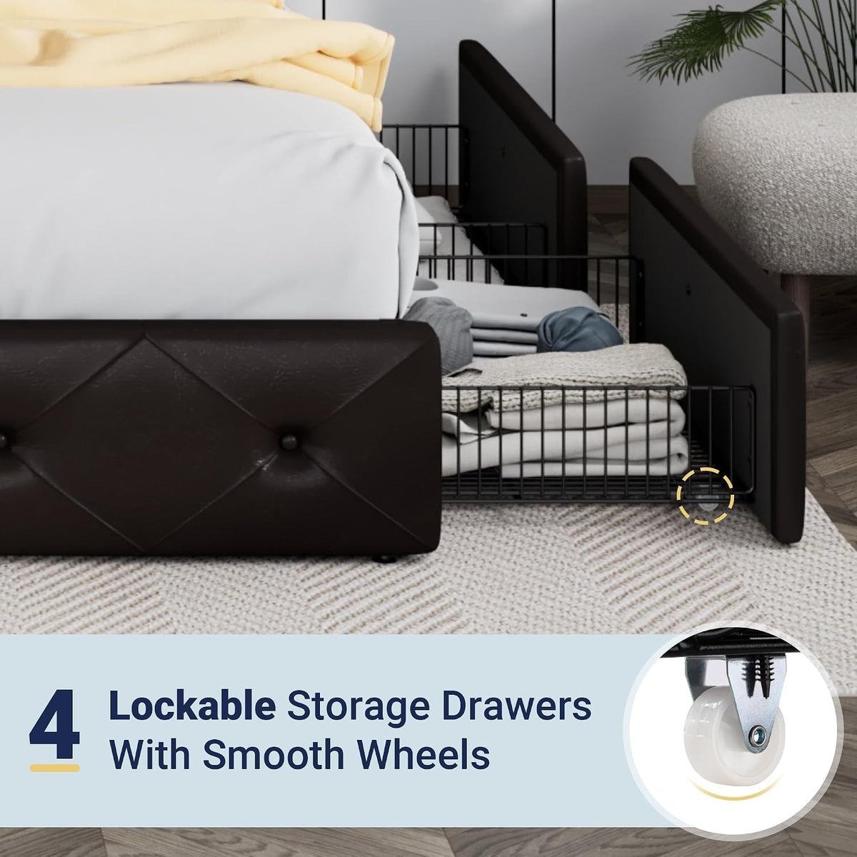 Allewie Queen Size Storage Bed Frame with 4 Underbed Drawers, Upholstered Platform Bed with Adjustable Headboard, Diamond Button Tufted, Easy Assembly, Noise-Free, No Box Spring Needed, Brown