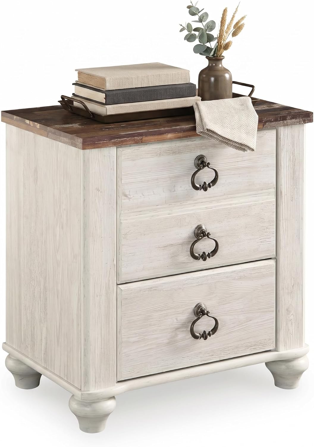 Signature Design by Ashley Willowton 2 Drawer Nightstand, Whitewash | Engineered wood construction, Whitewash finish, Dual USB charging ports, Smooth-gliding drawers, Tall nightstand