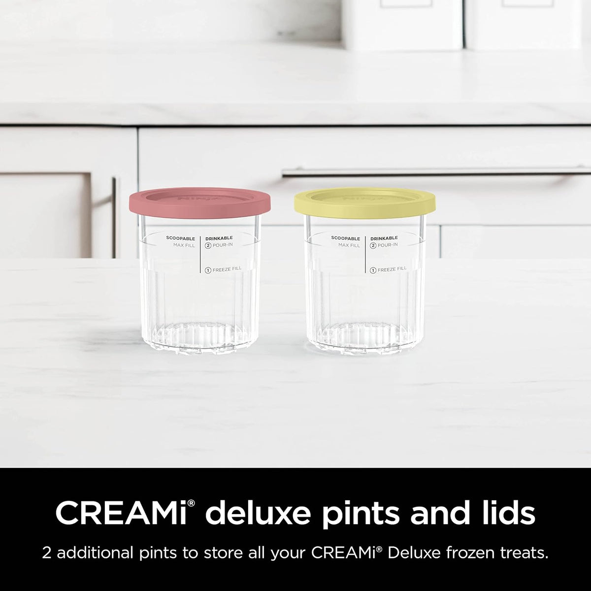 Ninja® CREAMi® XL Tubs 2 Pack with Storage Lids, XSKPNTLD2 | Ninja® Creami® XL 2 Pack Tubs with Storage Lids in Coral and Yellow. Compatible with NC500 and NC600 Series.