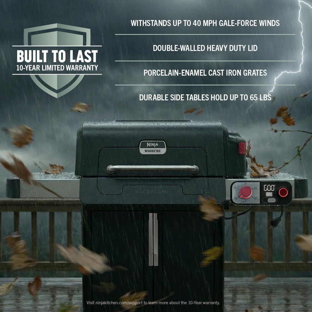 Ninja FlexFlame Grill & Smoker, Electric & Propane, 5-in-1, Black,PG301BK | Ninja FlexFlame is a 5-in-1 grill, smoker & griddle with precise 200-600°F control, fitting 3 chickens or 4 rib racks