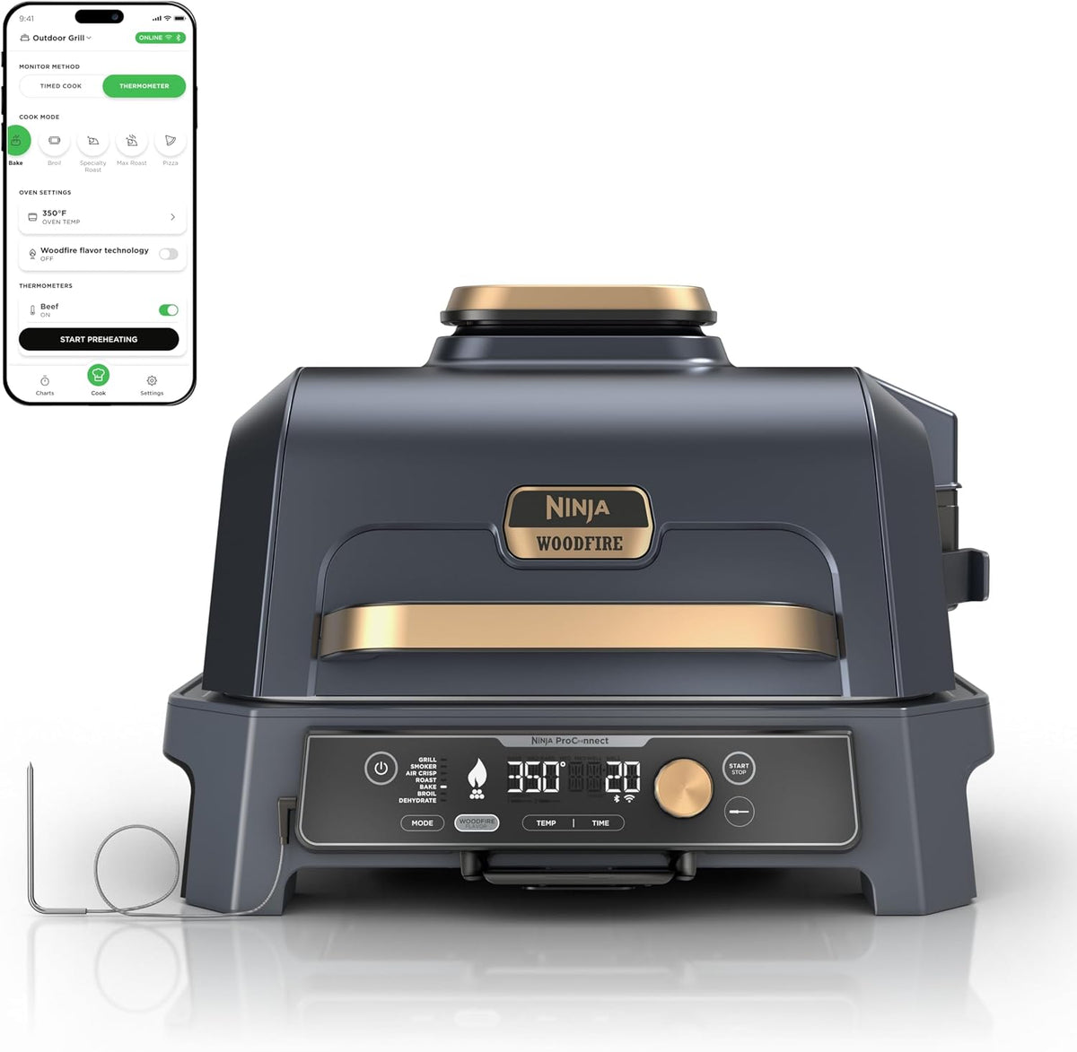 Ninja Woodfire ProConnect Premium XL Outdoor Grill & Smoker, Blue & Gold | Ninja Woodfire ProConnect 7-in-1 Grill has 180 sq in of space, and an app-connected thermometer for foolproof BBQ smoking