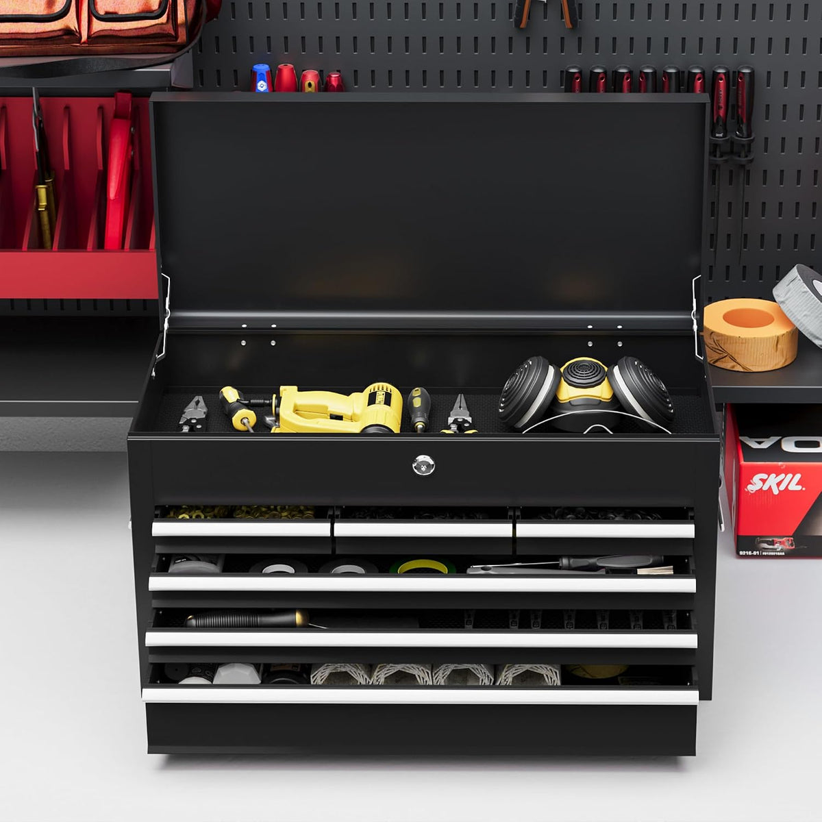 HOMCOM 6 Drawer Tool Chest Lockable Top Case 600mm x 260mm x 340mm Black