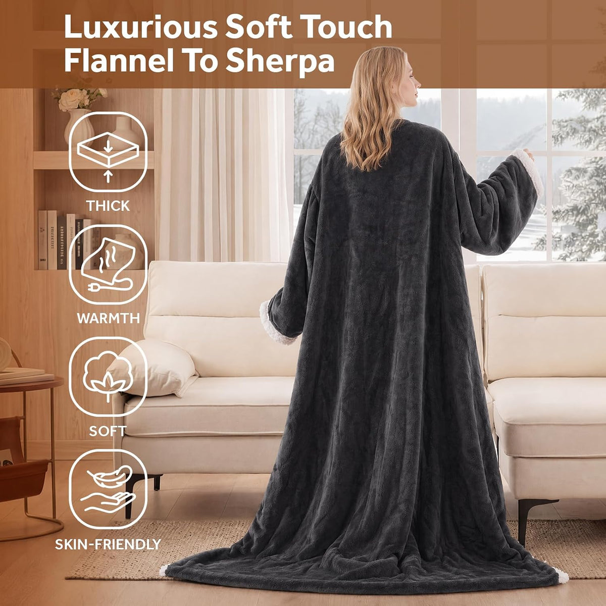 Westinghouse Wearable Heated Blanket with Foot Pocket Sherpa 50x70+18 Grey