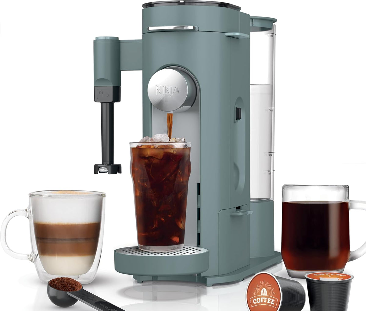 Ninja Pods & Grounds Coffee Maker, K-Cup Compatible, Sage Green, PB051SG | Built-In Milk Frother, 6-oz. Cup to 24-oz. Travel Mug Sizes, Iced Coffee Maker, 1550 watts