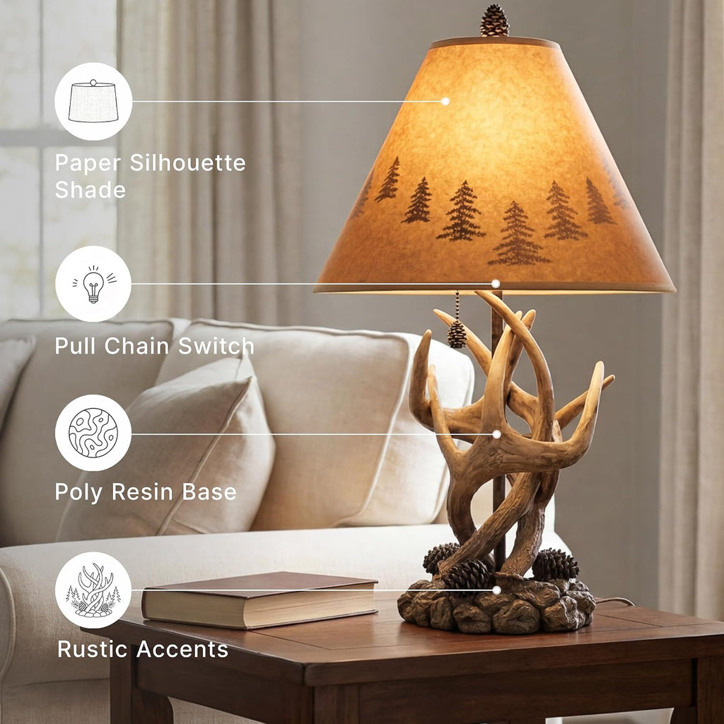 Signature Design by Ashley Derek Rustic Table Lamps, Living Room, Set of 2 | Durable poly resin antler base, Warm translucent paper silhouette shade projecting forest scenes, Rustic cabin style
