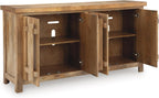 Signature Design by Ashley 4-Door Wood Accent Cabinet, Sideboard Credenza | Mango wood, veneer and engineered wood credenza, Soft-close hinges, Cord management, 2 fixed shelves, Dresor Series