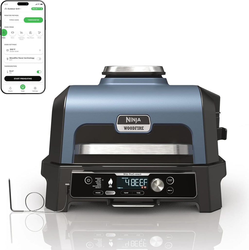 Ninja Woodfire ProConnect Premium XL BBQ Grill, 7-in-1, App Enabled, Blue | 180 sq in of cooking space with app-connected dual thermometers, and real wood-fired flavor