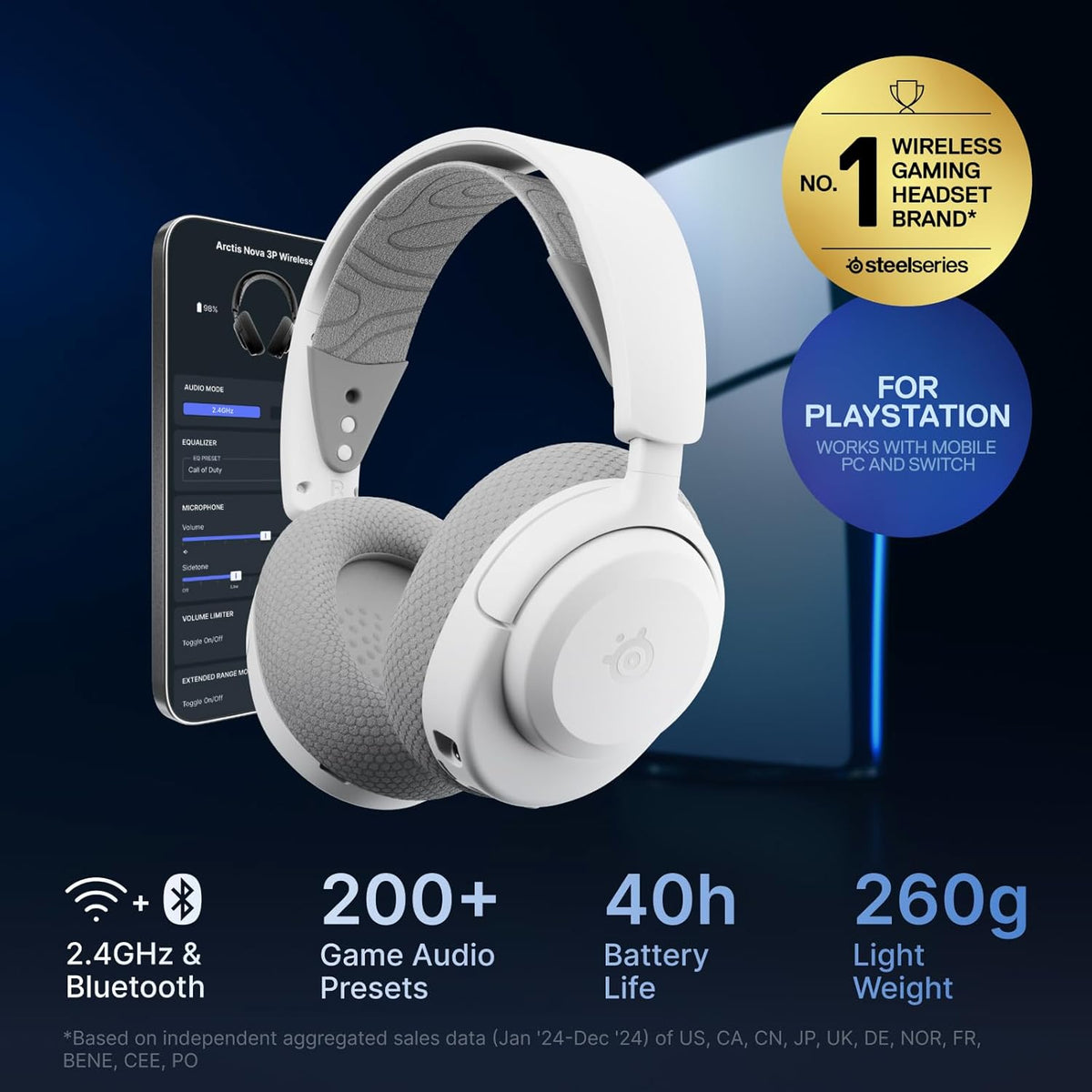 SteelSeries Arctis Nova 3P Wireless - PS5 Headset & PC Gaming Headset - Mobile App Control - 40 HR Battery with fast charging - Compatible with PlayStation, PC, Switch - 2.4GHz/Bluetooth - White