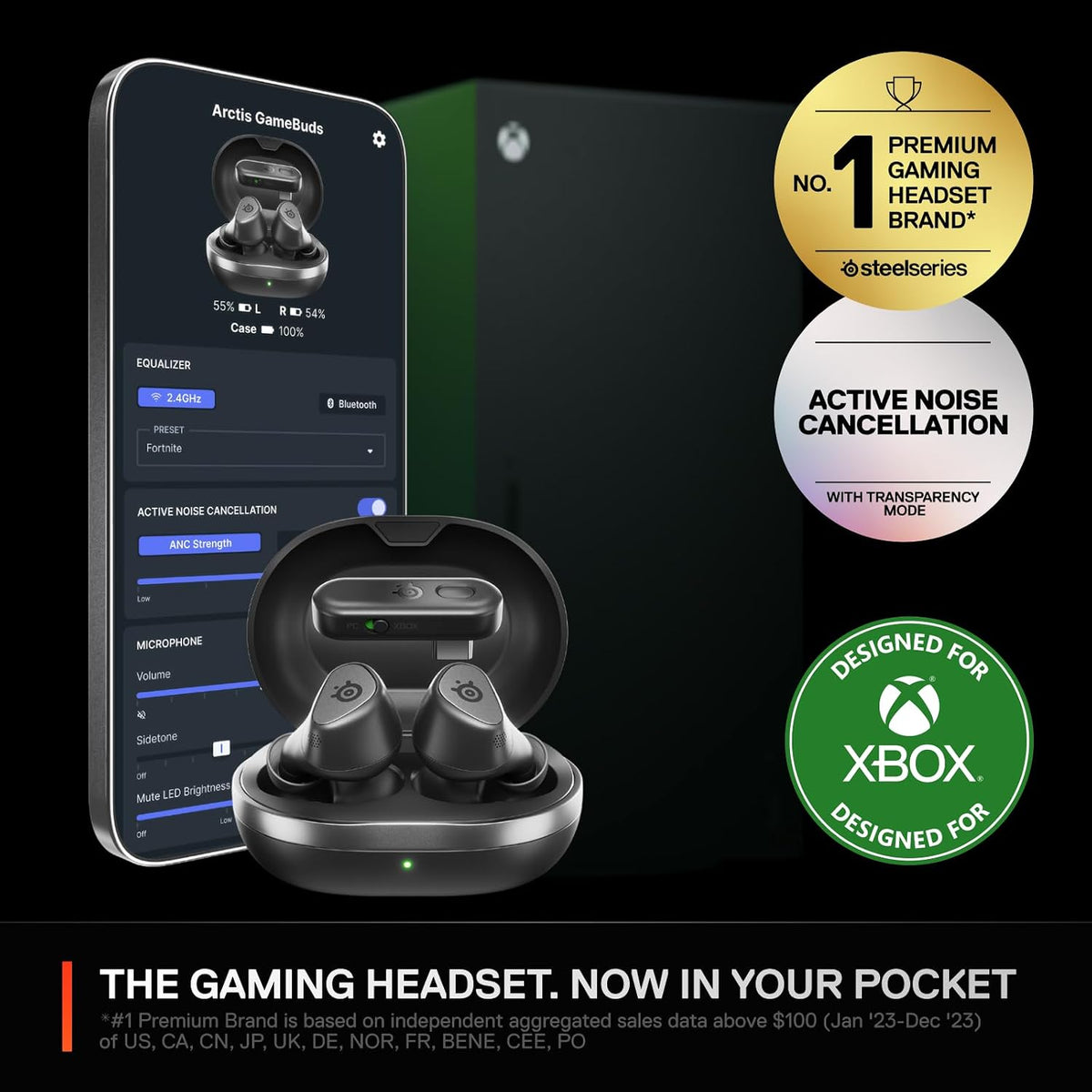 SteelSeries Arctis GameBuds for Xbox - Wireless Gaming Earbuds - 2.4GHz + BT 5.3 - ANC/Transparency - IP55 Water Resistant - 40H Battery - Wireless Charging - Xbox, PC, Switch 2, PS5, Mobile - Black