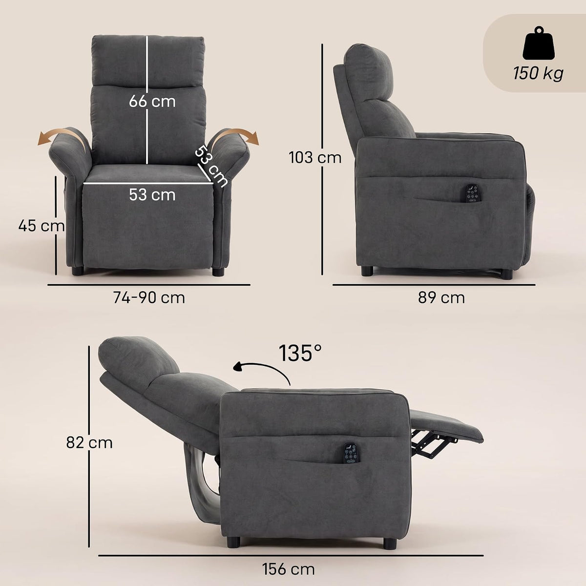 HOMCOM Recliner Armchair Push Back Recliner Chair, Dark Grey