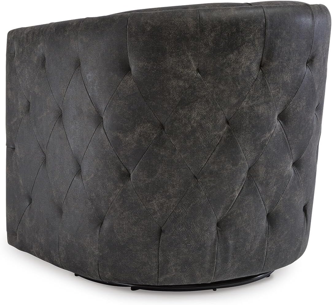 Signature Design by Ashley Swivel Black Faux Leather Accent Chair | Elegant tufted faux leather with brass nailheads, Hidden metal swivel base for effortless conversation, Brentlow Series
