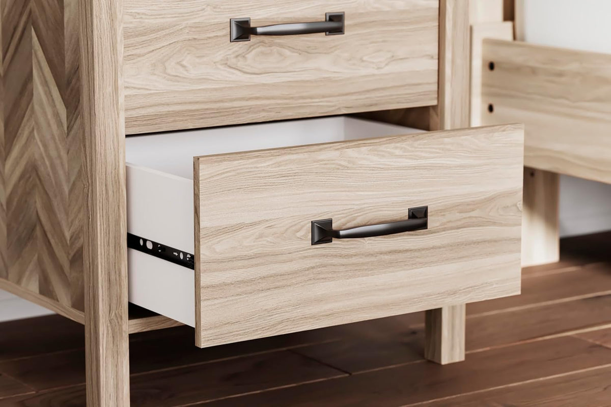 Signature Design by Ashley Battelle Nightstand, Mid Century Modern 2 Drawer Bedside Table, Engineered Wood Construction for Bedroom Storage, Light Oak Finish, 22 inches W