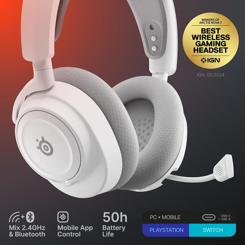 SteelSeries Arctis Nova 7 Wireless Gen 2 - Wireless Gaming Headset for PC - Compatible with PC, PS5, Switch & more - Mobile App Control - 50+ HR with Fast Charge - Mixable 2.4GHz/Bluetooth - White