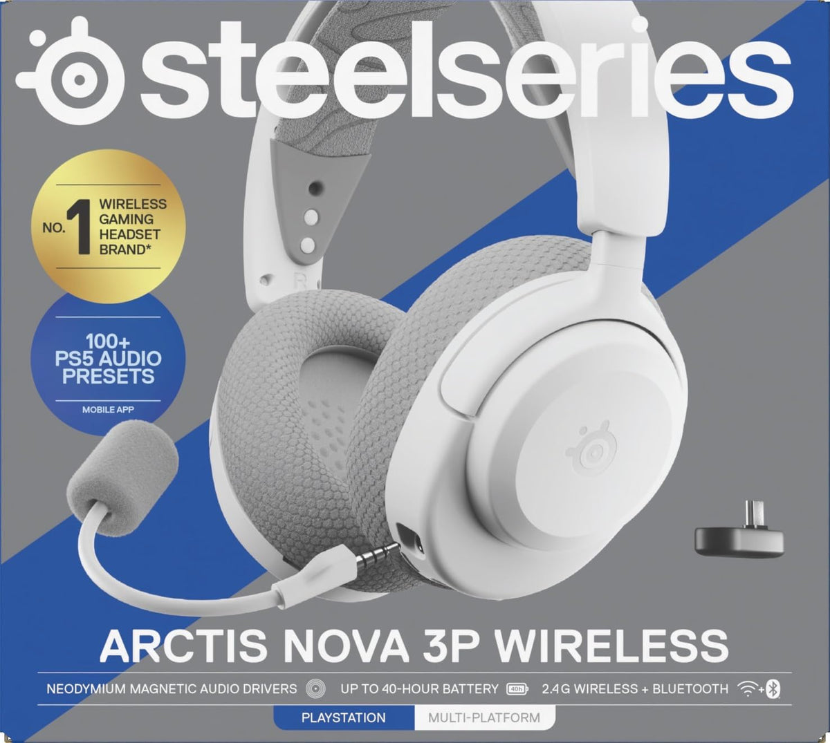 SteelSeries Arctis Nova 3P Wireless - PS5 Headset & PC Gaming Headset - Mobile App Control - 40 HR Battery with fast charging - Compatible with PlayStation, PC, Switch - 2.4GHz/Bluetooth - White