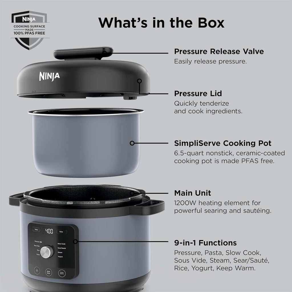 Ninja® HyperHeat™ 9-in-1 Pressure Cooker, 6.5-qt, Stone Purple, PC201SP | Cooks 2X faster, Sear, Sauté, Slow Cook, Steam & Sous Vide, 1200W, PFAS-free pot, removable SimpliServe™ pot for easy serving