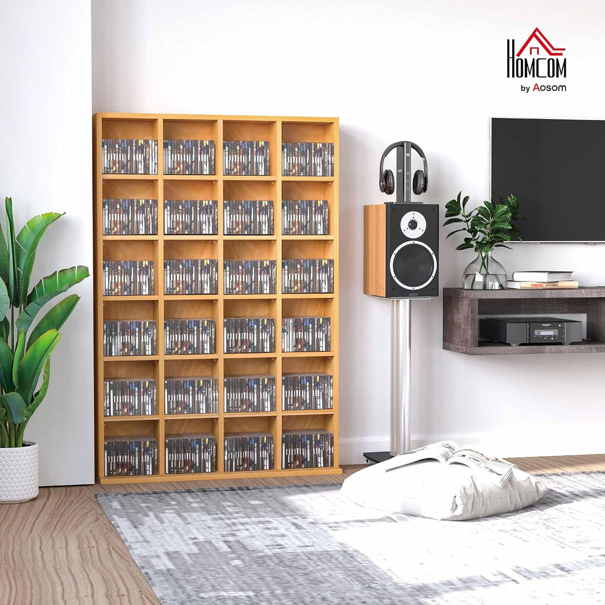 HOMCOM Tall 456 CD/ 336 DVD Storage Unit 89 x 130.5 cm Beech Wood Finish