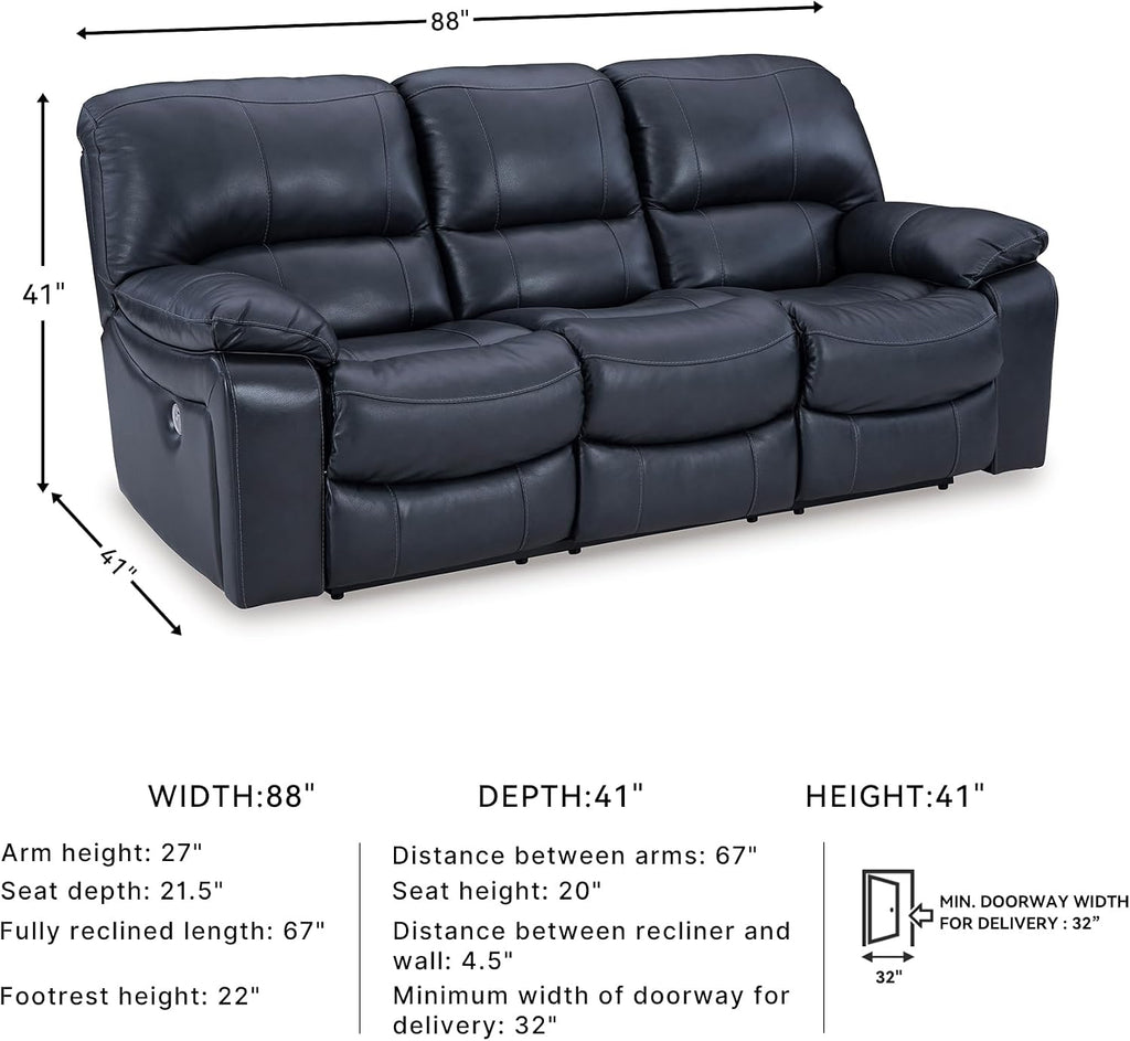 Signature Design by Ashley 3-Seat Zero Wall Power Reclining Sofa, Blue | Breathable top-grain leather, 4.5-inch wall hugger design, Integrated zero-draw USB port, Power headrest, Leesworth Series