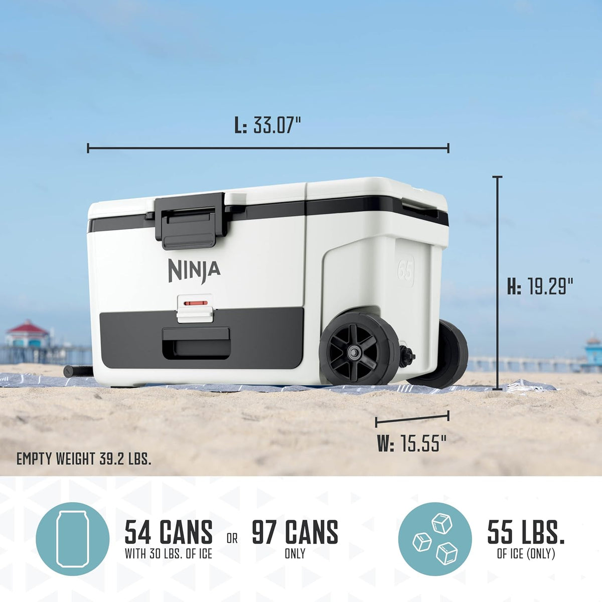 Ninja FrostVault™ 65qt Cooler with Wheels, Dry Storage, Spanish Moss | Ninja FrostVault's 65-qt capacity holds 97 cans, keeps food cool & dry, and rolls easily on all-terrain wheels