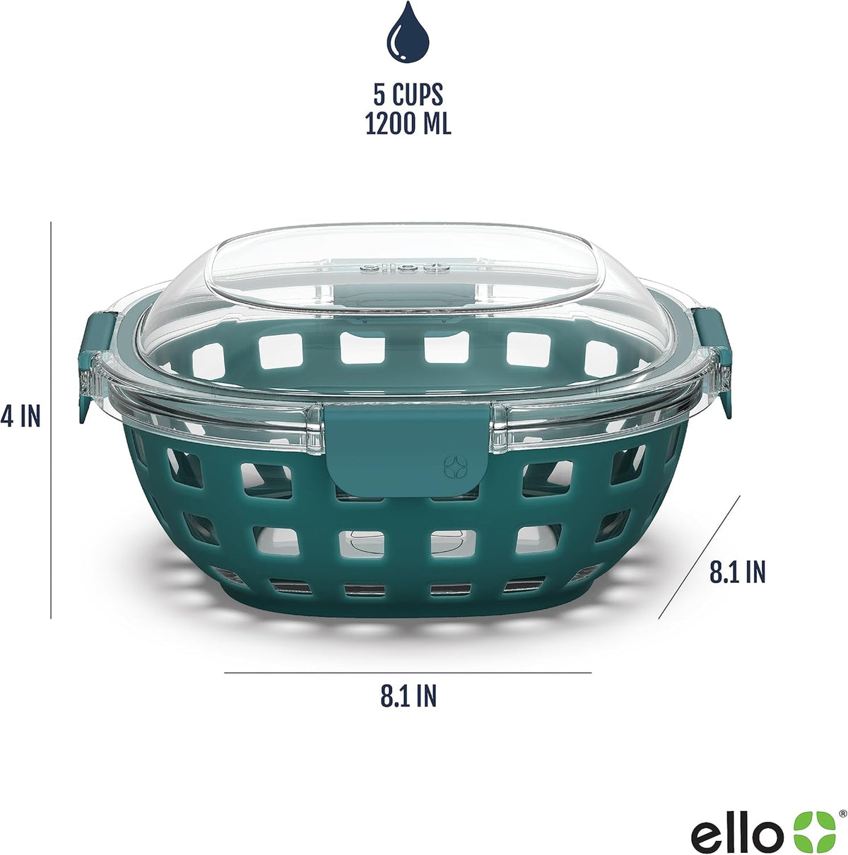 Ello DuraGlass Food Storage Glass Lunch Bowl Container - Meal Prep Container with Silicone Sleeve and Airtight Lid, 5 Cup, Teal