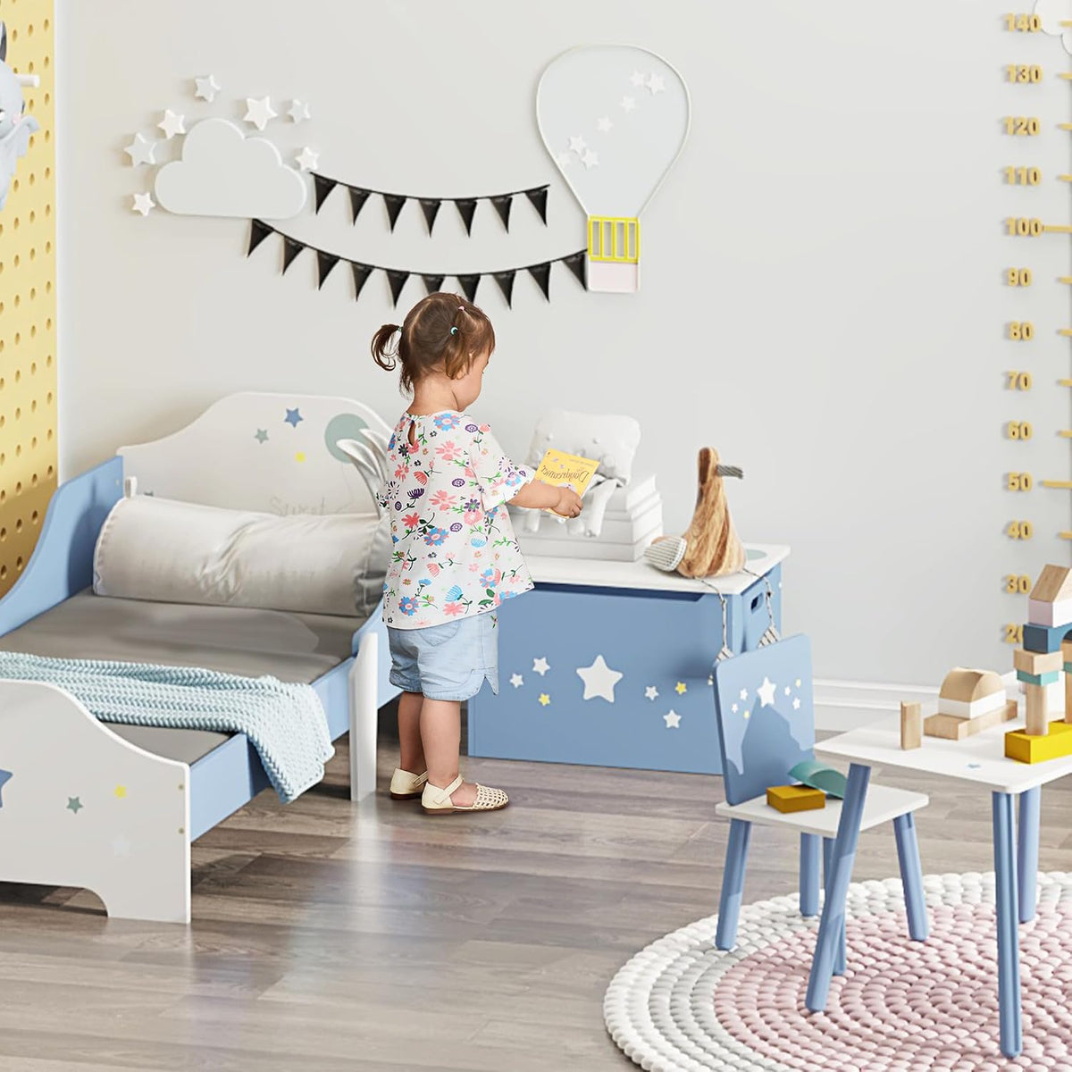 HOMCOM Kids Wooden Toy Box Storage Chest Side Handle Safety Hinge Blue