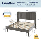 Allewie Queen Size Velvet Bed Frame/Vertical Channel Tufted Wingback Headboard/Upholstered Platform Bed/Strong Wooden Slats/No Box Spring Needed/Easy Assembly/Grey