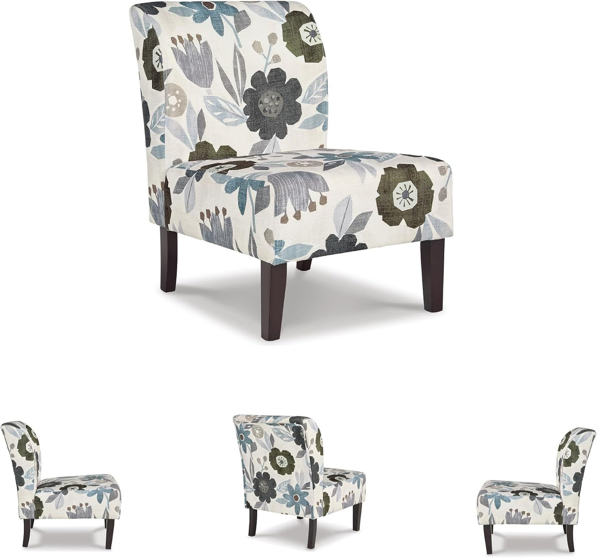 Signature Design by Ashley Armless Accent Chair, Ivory & Blue Floral | Compact profile for small spaces, 100% polyester upholstery, Sturdy black-finished wood legs, Triptis Series