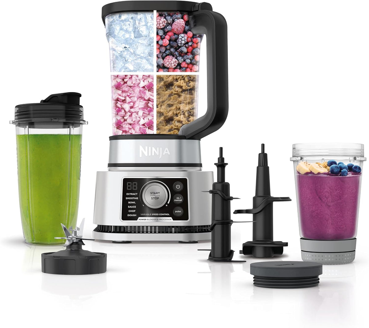 Ninja Foodi Power Blender & Food Processor, 6 Functions, Silver, SS351 | smartTORQUE motor never stalls. 6 functions for smoothies, bowls & dough. 72-oz pitcher + processor bowl + cups.