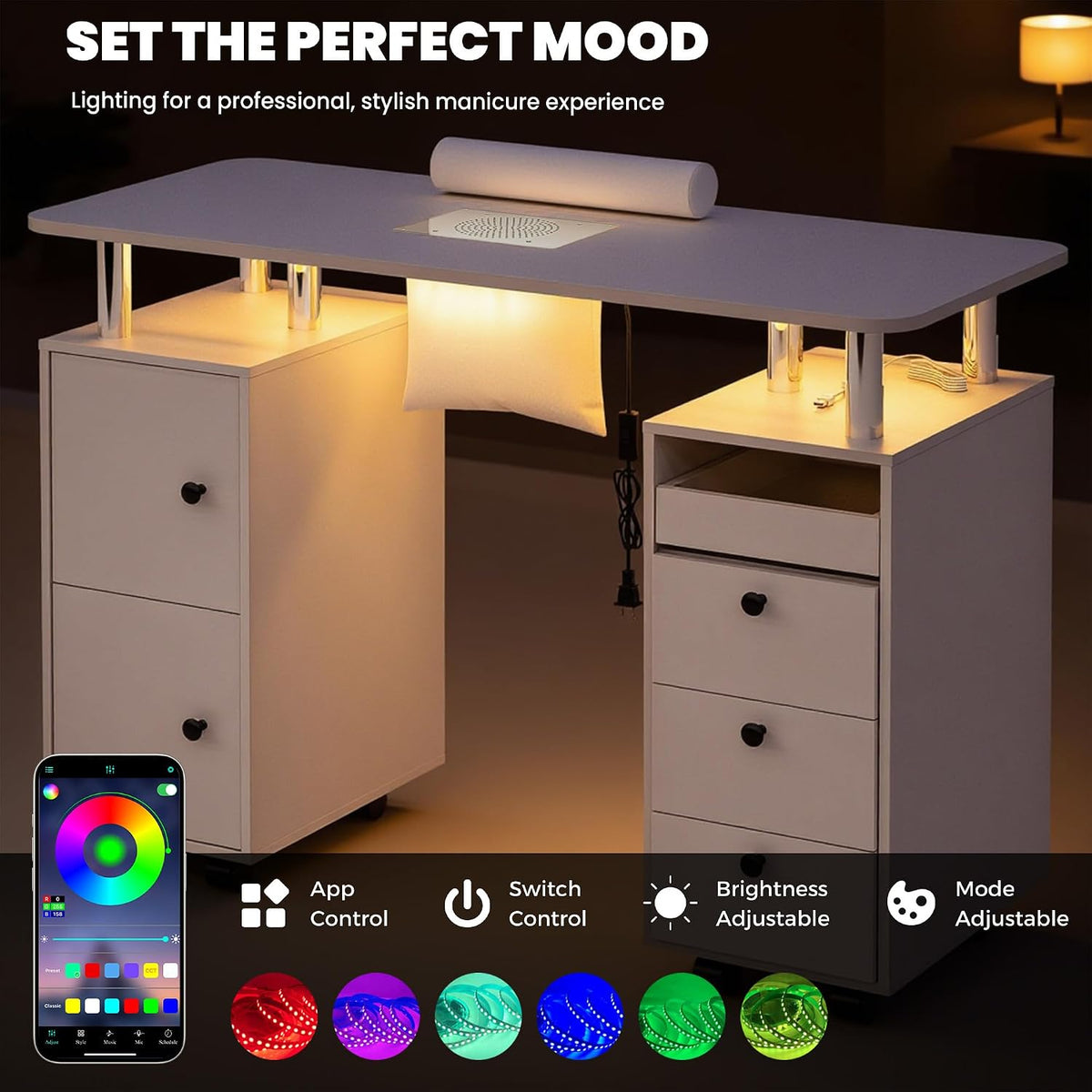 LED Manicure Table w/Built-in Dust Collector&4 Dust Bag,Rolling Nail Desk