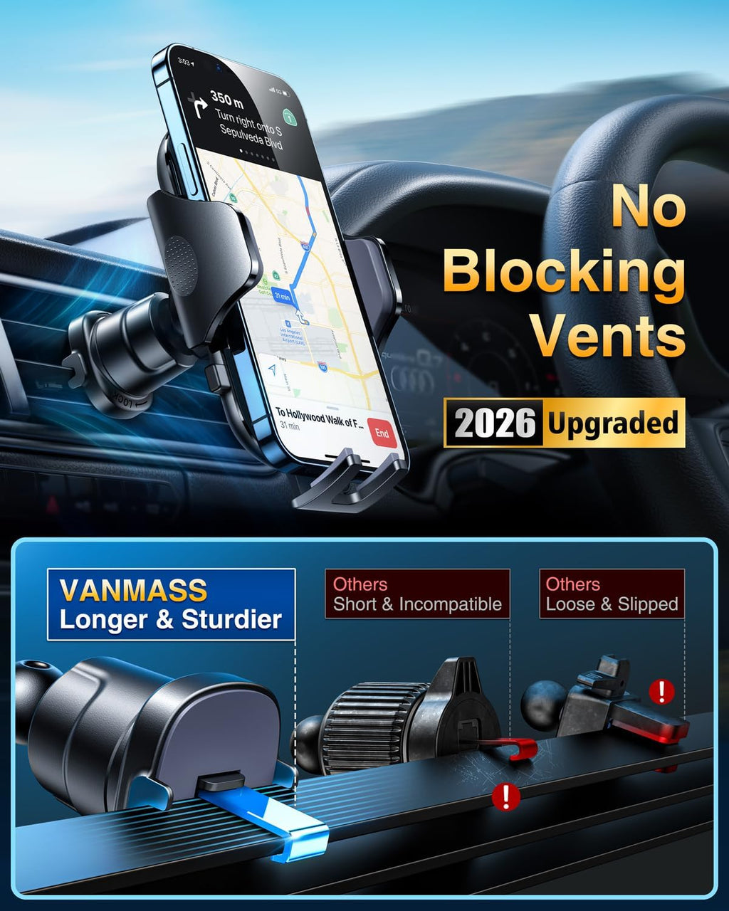 [True Military-Grade] Car Phone Holder VANMASS [Upgraded Strongest Suction&Clip] Cell Phone Mount for Dashboard Windshield Vent Kit, Truck Cradle Stand for iPhone 18 Pro Max 17 16 15 Android,Ink Black