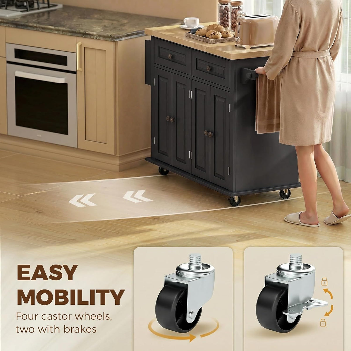 HOMCOM Kitchen Island on Wheels, Rubberwood Top, Spice Rack, Black