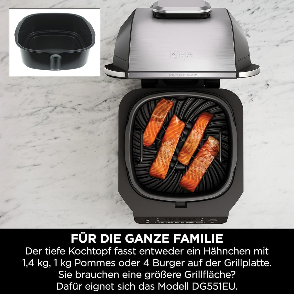Ninja 5-in-1 Indoor Grill and Oil Free Deep Fryer, 5 Modes EG351EU | Cooks up to 4 burgers, 5.7L capacity, low smoke emission, digital meat thermometer included