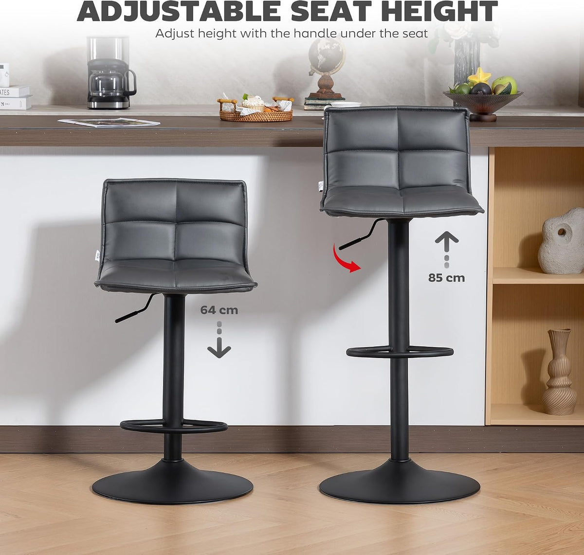 HOMCOM Bar Stools Set of 2 Modern Swivel Height Adjustable Chairs Dark Grey