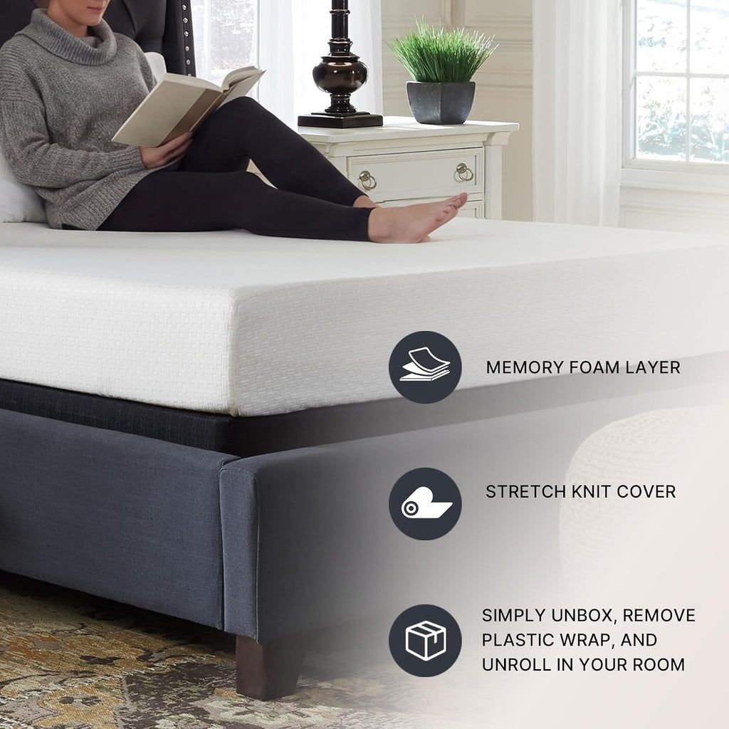 Signature Design by Ashley 8 Inch Memory Foam Queen Mattress in a Box | Medium support with dual-layer construction, Stretch knit cover for easy spot cleaning, Chime Series